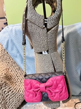 Betsey Johnson Black and Hot Pink Quilted Crossbody with Bow
